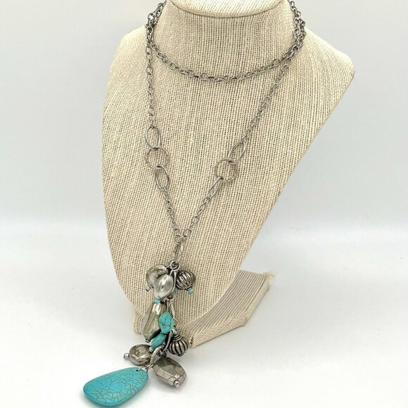 Boho Statement Long Necklace Faux Turquoise Charm Cluster Pendant Western Chic - Picture 1 of 5